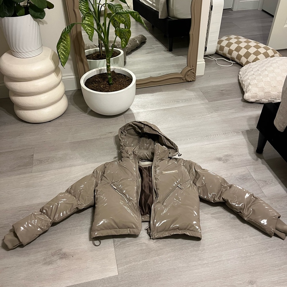 Maniere De Voir Shiny Taupe Puffer Jacket